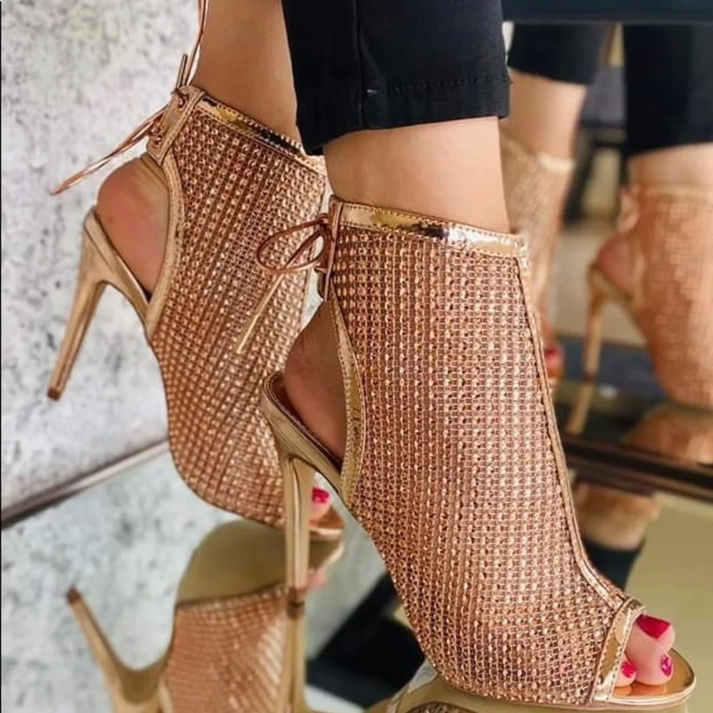 Restock 🎊Host Pick🎉Rose Gold Peep Toe Rhinestone Mesh Vegan Leather Heel Boots - Picture 3 of 5